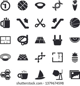 Solid vector icon set - concrete mixer flat vector, house layout, flooring, scissors, watermelon, dish, carrot, pineapple, honeycomb, metallurgy, coffee, dna, medal, basketball, escalator fector