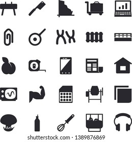 Solid vector icon set - concrete mixer flat vector, tape measure, heating batteries, teflon, whisk, knives, spice, whiskey, plum, mustard, mushroom, SIM card, crisis, chromosomes, document, sticker