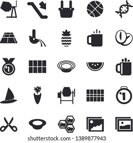 Solid vector icon set - concrete mixer flat vector, tile, flooring, scissors, watermelon, dish, coffee beans, carrot, tea, pineapple, honeycomb, metallurgy, dna, medal, basketball, escalator fector