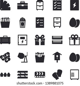 Solid vector icon set - concrete mixer flat vector, tool bag, color scheme, switch box, egg, French fries, popcorn, nesting, conveyor, present, to do list, paper tray, archive, boxing gloves