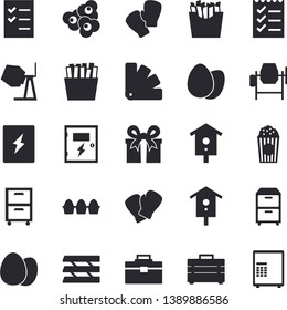 Solid vector icon set - concrete mixer flat vector, tool bag, color scheme, switch box, egg, French fries, popcorn, nesting, present, to do list, paper tray, archive, boxing gloves, safe fector