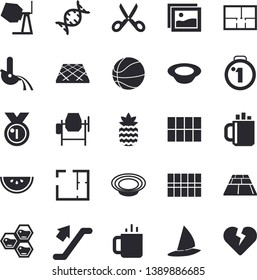 Solid vector icon set - concrete mixer flat vector, house layout, tile, flooring, scissors, watermelon, dish, tea, pineapple, honeycomb, metallurgy, coffee, dna, medal, basketball, escalator fector
