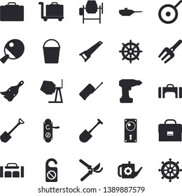 Solid vector icon set - concrete mixer flat vector, drill screwdriver, saw, paint brush, door lock, frying pan, teflon, pitchfork, shovel, secateurs, watering can, bucketful, briefcase, table tennis