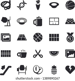 Solid vector icon set - concrete mixer flat vector, house layout, tile, flooring, scissors, watermelon, dish, coffee beans, carrot, pineapple, dna, medal, basketball, escalator fector, swimming mask