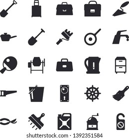 Solid vector icon set - concrete mixer flat vector, trowel, paint brush, roller, door lock, putty knife, faucet, saute, teflon, electric kettle, coffee grinder, shovel, saw, secateurs, bucketful