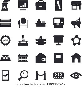 Solid vector icon set - concrete mixer flat vector, Entrance door, oil production platform, conveyor, purse, flipchart, calendar, sell out, molecules, briefcase, chart, office worker, meeting, shop
