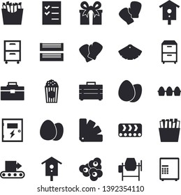 Solid vector icon set - concrete mixer flat vector, tool bag, color scheme, switch box, egg, French fries, popcorn, nesting, conveyor, present, to do list, paper tray, archive, boxing gloves