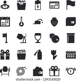 Solid vector icon set - concrete mixer flat vector, temperature, French fries, wine, jam, cranberry, Strawberry, hose, tulip, battery, laser, purse, flag, present, calendar, sports, alarm clock