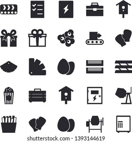Solid vector icon set - concrete mixer flat vector, tool bag, color scheme, switch box, egg, French fries, popcorn, nesting, conveyor, present, to do list, paper tray, boxing gloves, safe fector