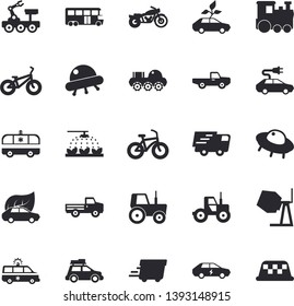 Solid vector icon set - concrete mixer flat vector, pickup truck, tractor, sprinkling machine, eco cars, electric, trucking, express delivery, ambulance, lunar rover, ufo, bicycle, train fector, car