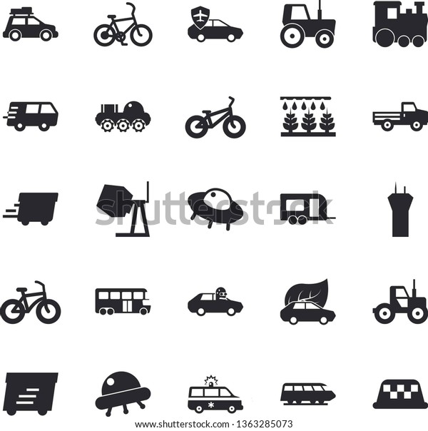 Solid vector icon set - concrete mixer flat\
vector, pickup truck, tractor, sprinkling machine, eco cars,\
autopilot, trucking, express delivery, ambulance, lunar rover, ufo,\
bicycle, train fector