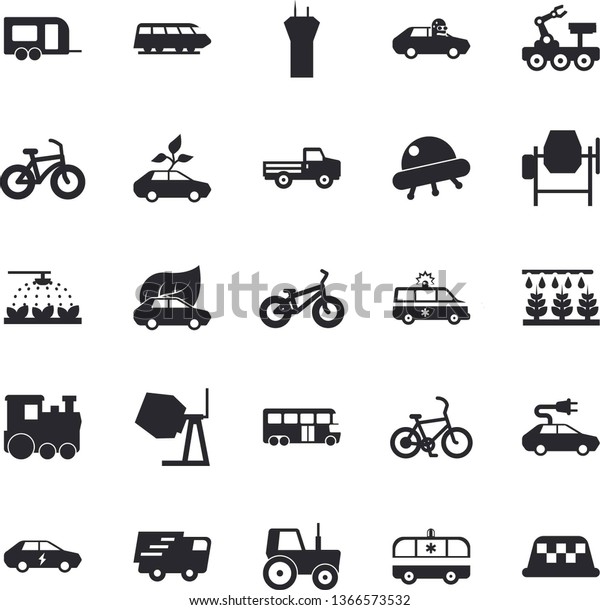 Solid vector icon set - concrete mixer flat\
vector, pickup truck, tractor, sprinkling machine, eco cars,\
electric, autopilot, trucking, ambulance, lunar rover, ufo,\
bicycle, train fector,\
trailer