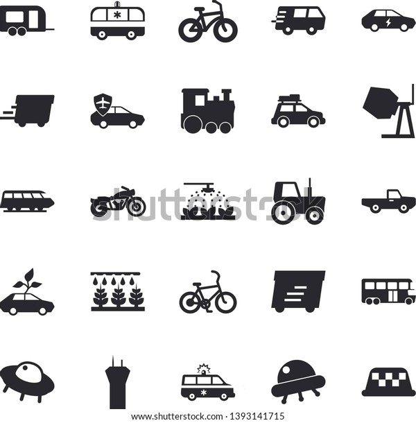 Solid vector icon set - concrete mixer flat vector,\
pickup truck, tractor, sprinkling machine, eco cars, electric,\
autopilot, trucking, express delivery, ambulance, ufo, bicycle,\
train fector, car
