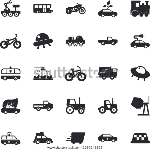 Solid vector icon set - concrete mixer flat vector,
pickup truck, tractor, sprinkling machine, eco cars, electric,
trucking, express delivery, ambulance, lunar rover, ufo, bicycle,
train fector, car