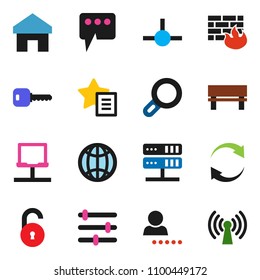 solid vector icon set - connect vector, notebook network, server, equalizer, firewall, home, favourites, message, bench, refresh, globe, unlock, login, key, magnifier, wireless