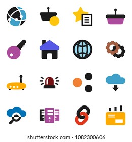 solid vector icon set - connection vector, cloud glass, server, gear, router, share, home, favorites, download, chain, globe, siren, key, basket, mail