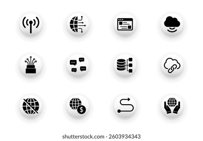 Solid vector icon set with connection icons, network technology, communication, global connectivity, fiber optic cable. Web design icons.