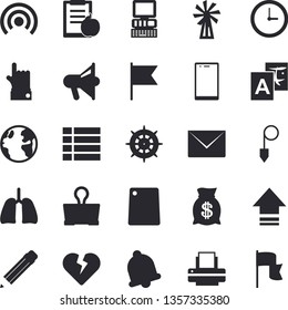 Solid vector icon set - construction plummet flat vector, cutting board, windmill, earth, wealth, lungs, printer, pencil, computer, diet, bell, menu, broadcast, upload, translate, binder clip, clock