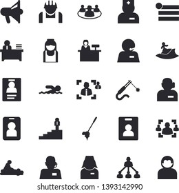 Solid vector icon set - construction worker flat vector, welding, telephone operator, physician, massage, nurse, teamwork, recruitment, badge, phone, office, hierarchy, career ladder, swimming, pass