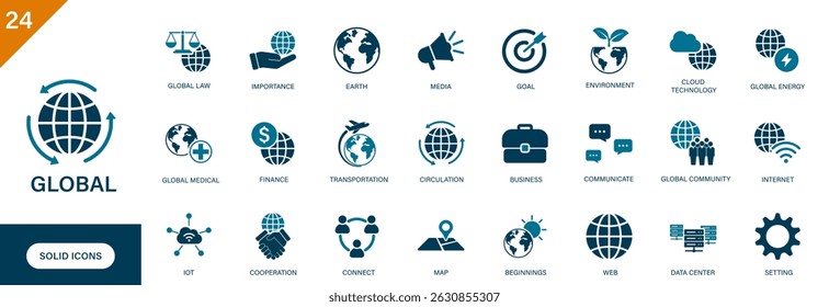 Sólido conjunto de ícones vetoriais contendo comunidade global, tecnologia de nuvem, internet, colaboração, iot, terra, lei global.
