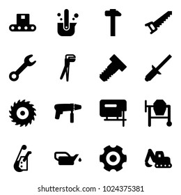 Solid vector icon set - conveyor vector, casting of steel, hammer, saw, wrench, plumber, bolt, clinch, disk, drill machine, jig, cocncrete mixer, winch, oiler, gear, excavator toy