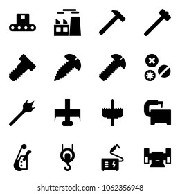 Solid vector icon set - conveyor vector, plant, hammer, sledgehammer, bolt, screw, rivet, wood drill, milling cutter, crown, machine tool, winch, welding, sharpening