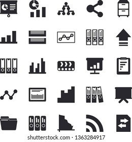 Solid vector icon set - conveyor flat vector, graphic report, crisis, chart, statistics, scatter, flipchart, barcode, statistic, computer file, folder, point diagram, paper tray, archive, share