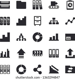 Solid vector icon set - conveyor flat vector, graphic report, crisis, chart, scatter, barcode, statistic, clircle diagram, computer file, folder, paper tray, archive, folders for papers, share