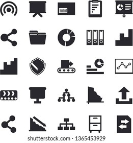 Solid vector icon set - conveyor flat vector, graphic report, crisis, chart, statistics, flipchart, barcode, clircle diagram, computer file, point, archive, folders for papers, classification, share