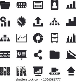 Solid vector icon set - conveyor flat vector, crisis, statistics, barcode, chart, statistic, circle diagram, computer file, folder, point, paper tray, archive, classification, security pass