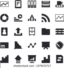 Solid vector icon set - conveyor flat vector, graphic report, crisis, chart, statistics, scatter, flipchart, barcode, clircle diagram, computer file, point, paper tray, archive, folders for papers