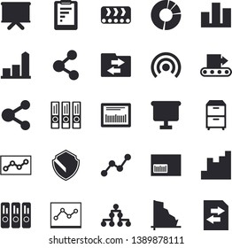 Solid vector icon set - conveyor flat vector, graphic report, crisis, chart, scatter, flipchart, barcode, statistic, clircle diagram, folder, point, archive, folders for papers, classification