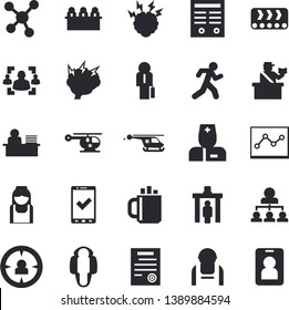 Solid vector icon set - conveyor flat vector, construction worker, target audience, physician, helicopter, nurse, molecules, coffee, recruitment, office, point diagram, meeting, hierarchy, contract