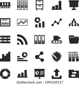 Solid vector icon set - conveyor flat vector, chart, statistics, scatter, flipchart, barcode, clircle diagram, computer file, folder, point, paper tray, archive, folders for papers, classification