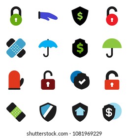 solid vector icon set - cook glove vector, dollar shield, umbrella, protected, patch, lock, unlock, home protect