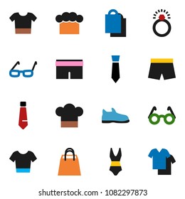 solid vector icon set - cook hat vector, glasses, tie, snickers, shorts, swimsuit, t shirt, shopping bag, diamond ring, clothes