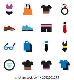 solid vector icon set - cook hat vector, glasses, tie, sneackers, shorts, swimsuit, t shirt, shopping bag, diamond ring, clothes