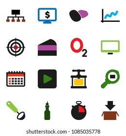 solid vector icon set - cook press vector, ladle, potato, cake, oil, graph, hierarchy, monitor dollar, stopwatch, target, calendar, oxygen, cargo search, play button, package