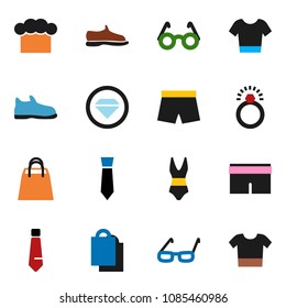 solid vector icon set - cook hat vector, glasses, tie, snickers, shorts, swimsuite, t shirt, shopping bag, diamond ring, clothes
