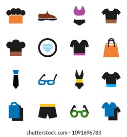 solid vector icon set - cook hat vector, glasses, tie, snickers, shorts, swimsuit, t shirt, shopping bag, diamond ring, clothes