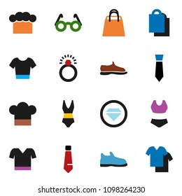 solid vector icon set - cook hat vector, glasses, tie, snickers, swimsuite, t shirt, shopping bag, diamond ring, clothes