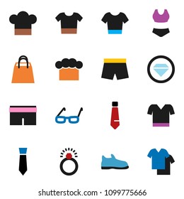 solid vector icon set - cook hat vector, glasses, tie, snickers, shorts, swimsuite, t shirt, shopping bag, diamond ring, clothes