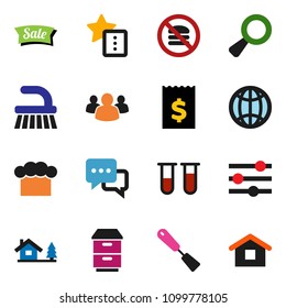 solid vector icon set -  cook hat, spatula, receipt, no fas tfood, dialog, group, vial, magnifier, equalizer, favourites, globe, chalet, sale, home