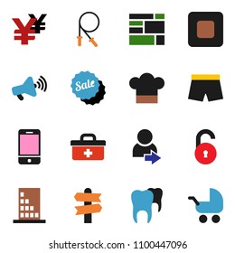 solid vector icon set - cook hat vector, yen sign, jump rope, shorts, signpost, consolidated cargo, loudspeaker, mobile phone, stop button, doctor bag, tooth, unlock, login, building, sale