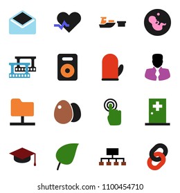 solid vector icon set - cook glove vector, egg, graduate hat, leaf, manager, hierarchy, port, film frame, touchscreen, speaker, mail, heart pulse, pregnancy, medical room, network folder, chain