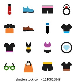 solid vector icon set - cook hat vector, glasses, tie, snickers, shorts, swimsuit, t shirt, shopping bag, diamond ring, clothes