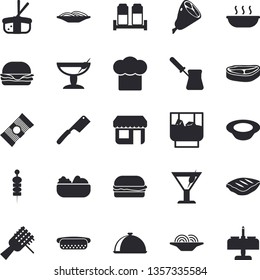Solid vector icon set - cook hat flat vector, knives, turk, spice, dish, spaghetti, chop, on a fork, hamburger, hot dog, salad, soup, ham, sashimi, cocktail, whiskey, canape, store front, fector
