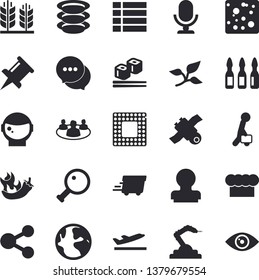 Solid vector icon set - cook hat flat vector, plates, cheese, hot peppers, fish rolls, tree leaf, robotics, earth, molecules, chat, express delivery, ampoule, teamwork, drawing pin, stamp, satellit