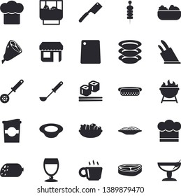 Solid vector icon set - cook hat flat vector, ladle, kitchen spoon, knives, cutting board, barbecue, plates, chop, sausage, spaghetti, hot dog, dish, salad, ham, fish rolls, wine, whiskey, coffe
