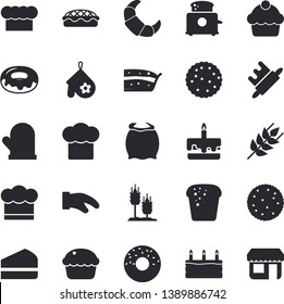 Solid vector icon set - cook hat flat vector, potholder, rolling pin, toaster, flour, ear, biscuit, croissant, cake, bread, cupcake, piece of, donut, pie, store front